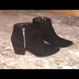 Black 2 inch block heeled ankle booties.